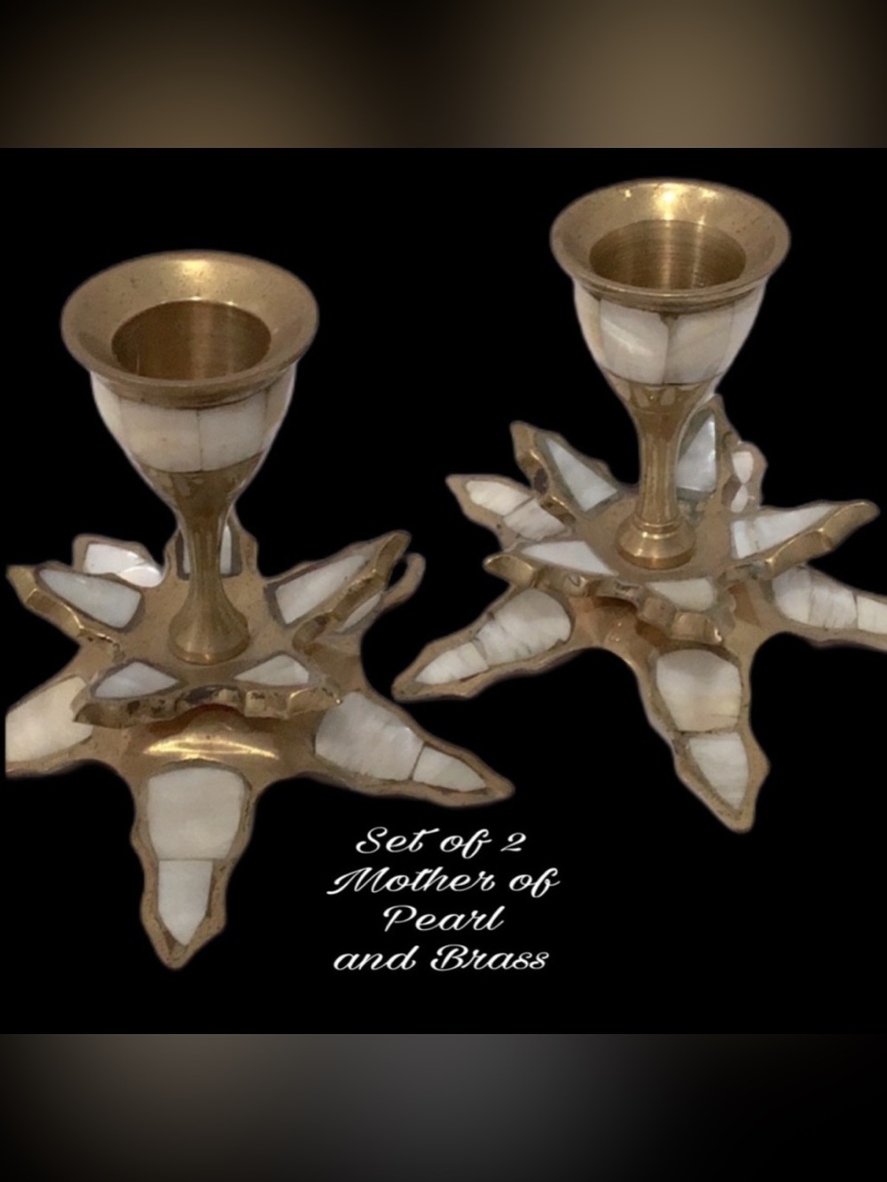 Vintage Abalone Shell Mother of Pearl Inlay & Brass Candle Stick Holders, 2/set